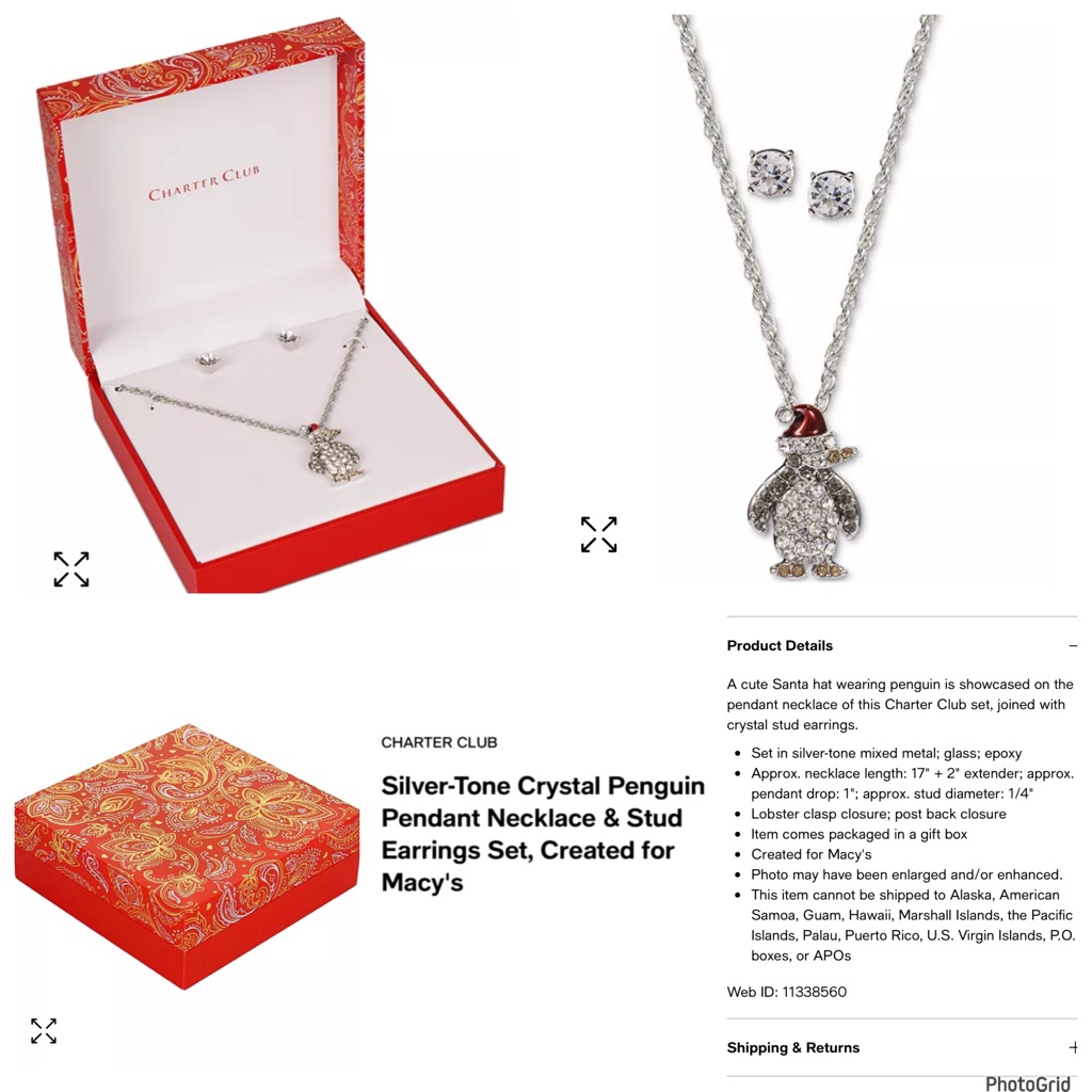 Charter Club Silver Tone Holiday Christmas Penguin Necklace Set Nwt